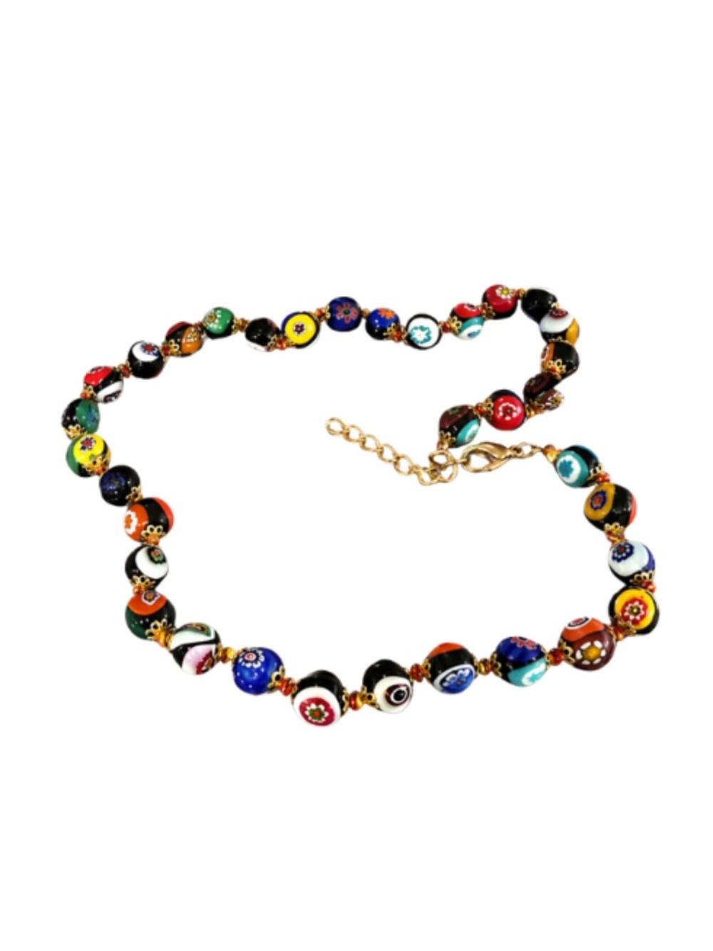 Colorful Millefiori Glass Bead Necklace – Italian Style, Gold Tone Clasp
